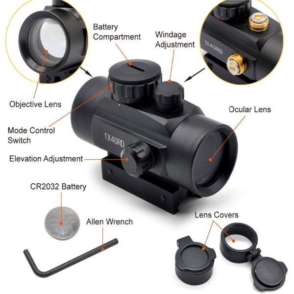 1X40 RED DOT SCOPE SIGHT RIFLE SCOPE GREEN RED DOT COLLIMATOR DOT WITH 11MM/20MM RAIL MOUNT AIRSOFT AIR HUNTING - OPTICREV